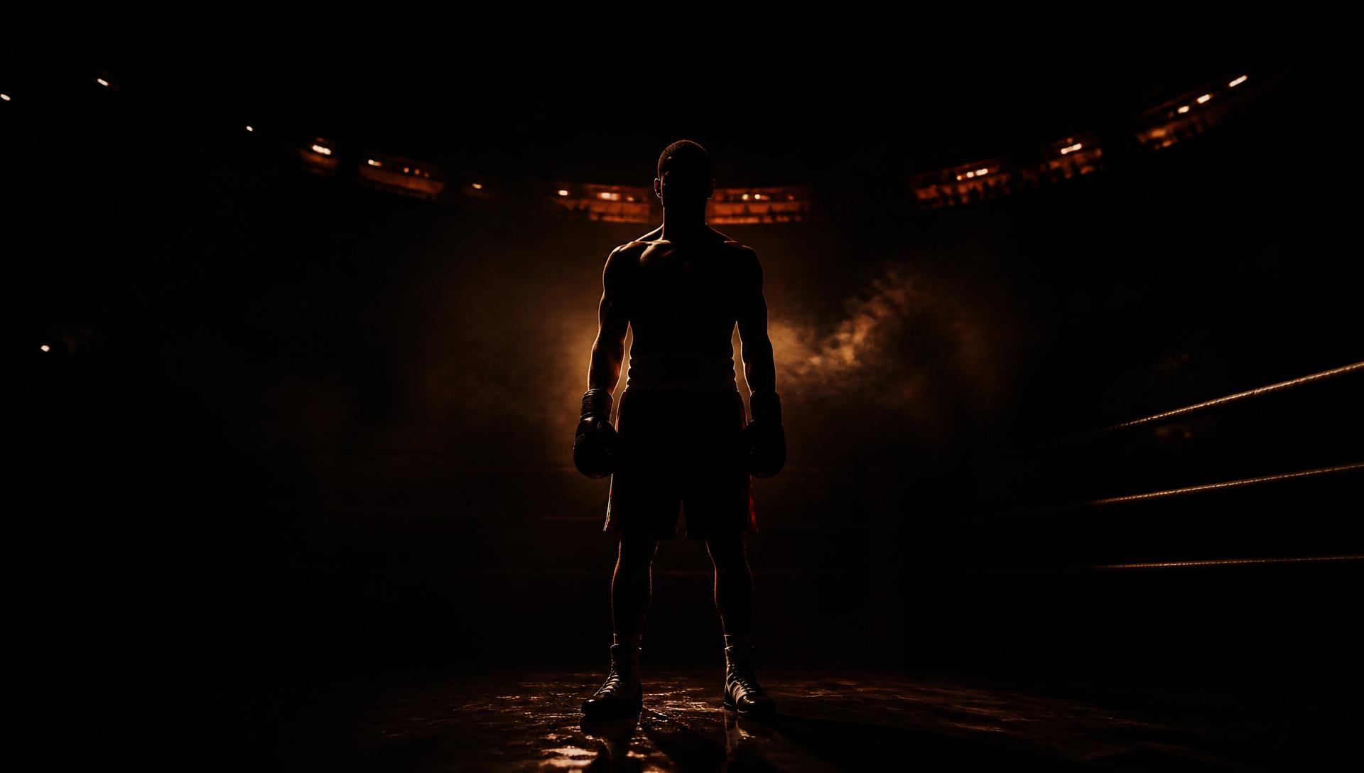 Fighter standing in a darkened arena under a single light